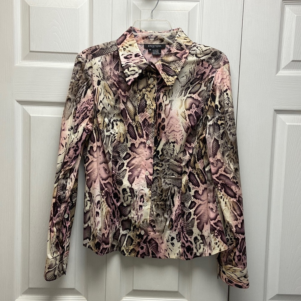 Etcetera button down snake skin design in pink, black & cream, size 14.
